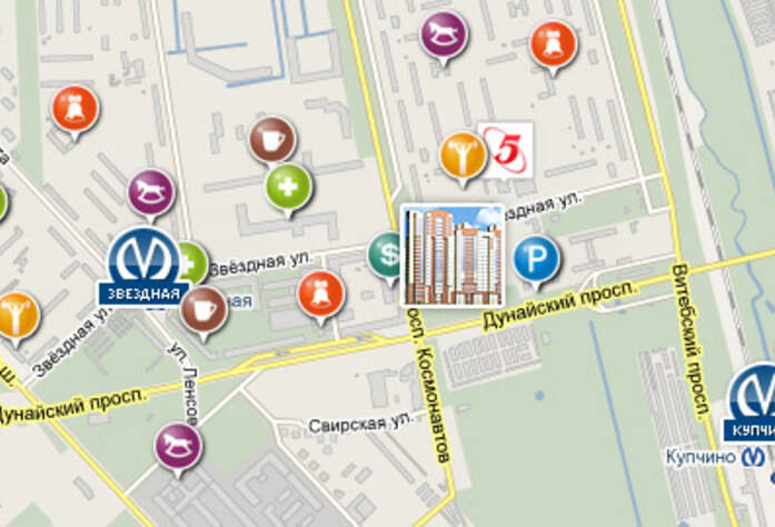 Карта окрестностей жилого комплекса«Дом на Дунайском проспекте»